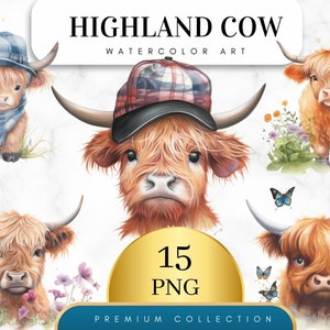 Set of 15, Baby Highland Cow PNG, Watercolor Baby Highland clipart, Baby Highland Cow, Baby Shower Decor, Boho Animal, Highland Cow SVG,