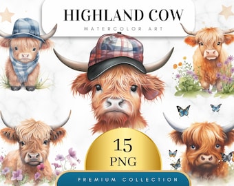 Set von 15, Baby Highland Kuh PNG, Aquarell Baby Highland Clipart, Baby Highland Kuh, Baby-Dusche-Dekor, Boho-Tier, Highland Kuh SVG,