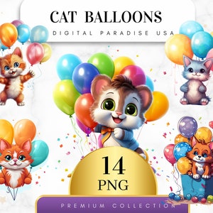 Set of 14, Cat Balloons Clipart, Cute Cat Clipart, Balloon Art, Cat PNG, Birthday Clipart, Party Clipart, Digital Download, Sublimation PNG