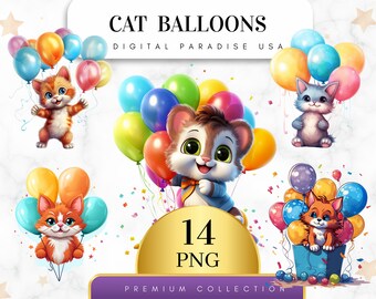 Set di 14, Clipart di palloncini a forma di gatto, Clipart di gatti carini, Arte con palloncini, PNG di gatti, Clipart di compleanno, Clipart di feste, Download digitale, PNG a sublimazione