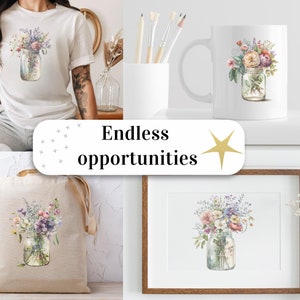 May include: A watercolor illustration of a mason jar filled with a bouquet of wildflowers. The illustration is available on a variety of products, including a t-shirt, tote bag, mug, and framed print.  Endless opportunities.