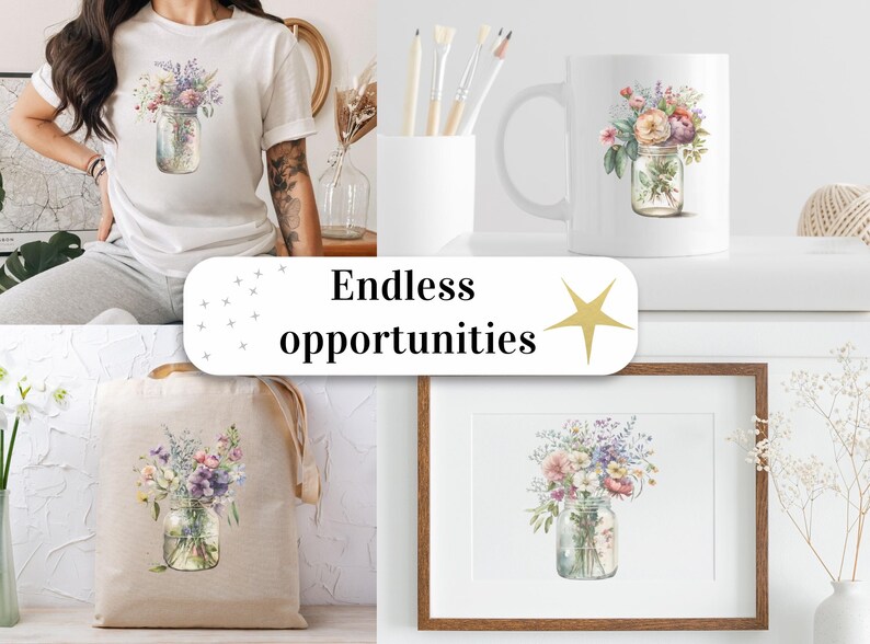May include: A watercolor illustration of a mason jar filled with a bouquet of wildflowers. The illustration is available on a variety of products, including a t-shirt, tote bag, mug, and framed print.  Endless opportunities.