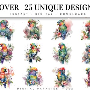 Set of 25, Watercolor Parrot Clipart, Tropical Bird PNG, Exotic Bird ...