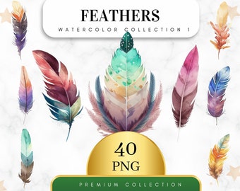 Könnte beinhalten: Eine Sammlung von 40 Aquarellfedern in verschiedenen Farben und Mustern. Die Federn sind in einem Kreis angeordnet mit dem Text "FEATHERS WATERCOLOR COLLECTION 1" und "40 PNG PREMIUM COLLECTION" oben und unten im Bild.
