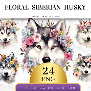 Set di 24, Clipart floreali di husky siberiano, PNG di husky, Clipart di husky, Arte floreale di cani, Animali floreali in formato PNG, PNG a sublimazione, Download digitale immagine 1