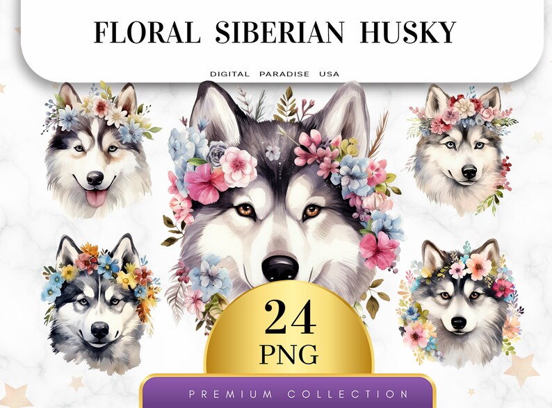Set di 24, Clipart floreali di husky siberiano, PNG di husky, Clipart di husky, Arte floreale di cani, Animali floreali in formato PNG, PNG a sublimazione, Download digitale immagine 1