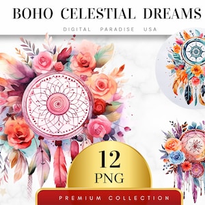 Könnte beinhalten: Ein Set mit 12 digitalen Aquarell-Illustrationen mit Traumfängern und floralen Akzenten. Die Traumfänger sind mit Federn und Perlen verziert, und die Blumen sind in Rosa-, Orange- und Blautönen gehalten. Die Illustrationen sind perfekt zum Erstellen digitaler Kunst, zum Scrapbooking oder für andere kreative Projekte.