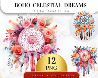 Set med 12, Boho himmelska drömmar, Boho Clipart, Konstellationskonst, Himmelska drömmar PNG, Himmelska Clipart, Digital nedladdning, Sublimering PNG