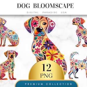 Set of 12, Watercolor Dog Bloomscape Clipart, Dog Clipart, Dog PNG, Floral Dog, Dog Art, Watercolor Dog, Sublimation PNG, Digital Download
