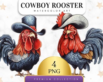 Set of 4, Cowboy Rooster Clipart, Rooster PNG, Western Clipart, Farm Animal PNG, Digital Download, Watercolor Rooster, Sublimation Clipart