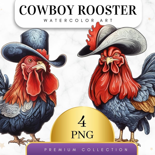 Set of 4, Cowboy Rooster Clipart, Rooster PNG, Western Clipart, Farm Animal PNG, Digital Download, Watercolor Rooster, Sublimation Clipart