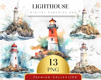 Set of 13, Watercolor Lighthouse Clipart, Lighthouse PNG, Nautical Clipart, Coastal Decor, Ocean Clipart, Sublimation PNG, Digital Download