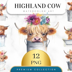 Set of 12, Highland Cow in Bucket Png, Highland Cow in Tub PNG, Baby Shower Decor, Highland Cow SVG,  Cow  PNG Clipart, Decor Wall Art