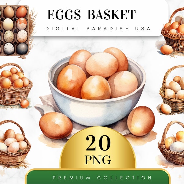 Set of 20, Watercolor Eggs Basket, Eggs Basket Clipart, Eggs Basket PNG, Watercolor Eggs Basket, Wall Art, Sublimation PNG, Digital Download
