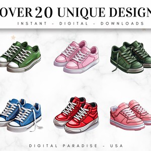 Set di 20, Clipart di scarpe da ginnastica, Clipart di scarpe, PNG di scarpe da ginnastica, Pacchetto di scarpe, Scarpe da ginnastica acquerellate, Arte di scarpe da ginnastica, Download digitale, PNG di sublimazione immagine 2