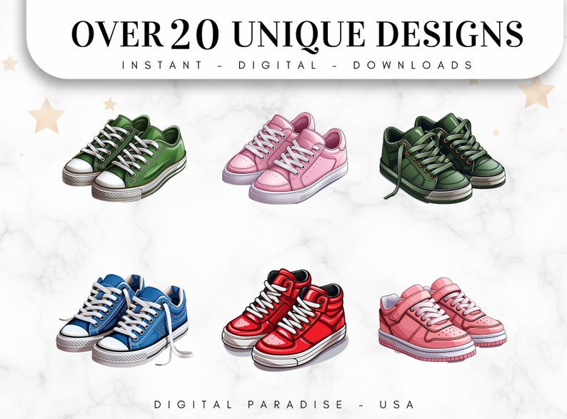 Set di 20, Clipart di scarpe da ginnastica, Clipart di scarpe, PNG di scarpe da ginnastica, Pacchetto di scarpe, Scarpe da ginnastica acquerellate, Arte di scarpe da ginnastica, Download digitale, PNG di sublimazione immagine 2