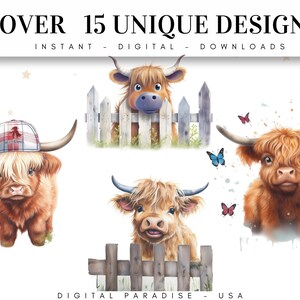 Set of 15, Baby Highland Cow PNG, Watercolor Baby Highland Clipart ...