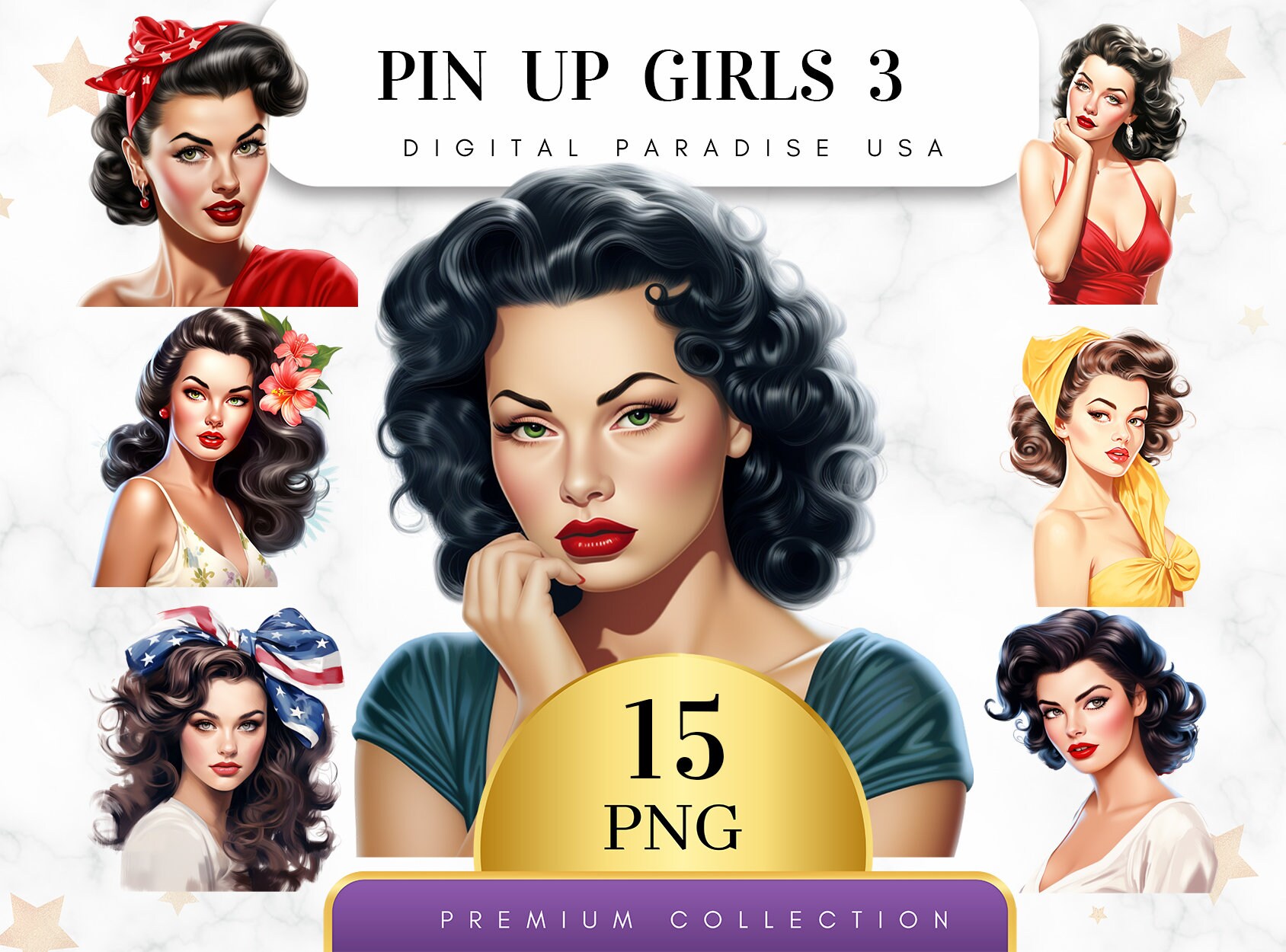 Set of 15, Pin Up Girls Clipart 3, Vintage Pin Up Girls, Retro Pin Up, Pin Up Girls PNG, Scrapbook Girls, Junk Journal Girls, Sublimation
