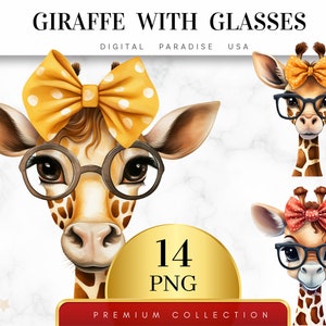 Set of 14, Giraffe with Glasses Clipart, Giraffe PNG, Safari Animals, Jungle Animal, Watercolor Giraffe, Sublimation PNG, Digital Download