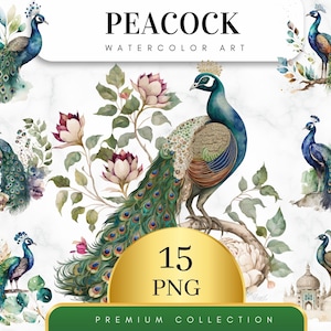 Set of 15, Watercolor Peacock Clipart, Peacock PNG, Boho Peacock Art, Watercolor Bird, Peacock Feathers, Sublimation PNG, Digital Download image 1