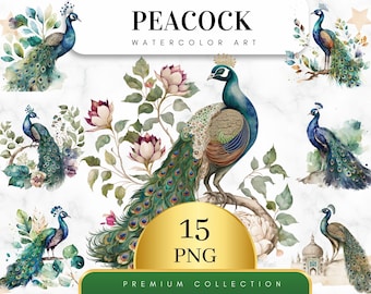 Set of 15, Watercolor Peacock Clipart, Peacock PNG, Boho Peacock Art, Watercolor Bird, Peacock Feathers, Sublimation PNG, Digital Download