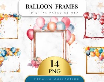 Set van 14, aquarel ballonnen frame, verjaardag clipart, ballonnen clipart, verjaardag ballon png, partij clipart, sublimatie png, digitale png