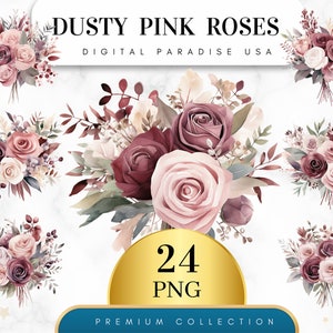 Set of 24, Dusty Pink Roses Clipart, Roses PNG, Floral Clipart, Wedding Clipart, Spring Clipart, Watercolor Flower, Sublimation, Digital PNG