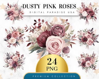 Set of 24, Dusty Pink Roses Clipart, Roses PNG, Floral Clipart, Wedding Clipart, Spring Clipart, Watercolor Flower, Sublimation, Digital PNG