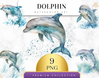 Set of 9 PNG+9 Jpg, Watercolor Dolphin, Dolphin Clipart, PNG for Sublimation, Nursery Wall Decoration, Dolphin Wall Art, Digital PNG