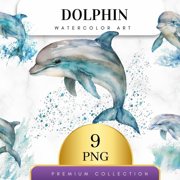 Set of 9 PNG+9 Jpg, Watercolor Dolphin, Dolphin Clipart, PNG for Sublimation, Nursery Wall Decoration, Dolphin Wall Art, Digital PNG