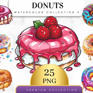 Set of 25, Watercolor Donuts Art, Donuts Clip Art, Dessert Clipart Bundle, Sweet Bakery Food Clipart, Donut png, Food clipart, Digital Png