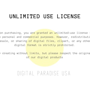 May include: A digital product license agreement with the text "UNLIMITED USE LICENSE" and "DIGITAL PARADISE USA". The text states that the license is for personal and commercial use, but redistribution, resale, or sharing of digital files is prohibited.