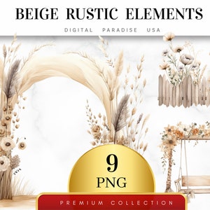 Set of 9, Beige Rustic Elements Clipart, Rustic Clipart Bundle, Rustic Table Art, Rustic Lantern, Junk Journal,  Sublimation PNG,Digital PNG