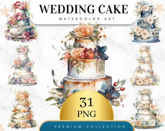 Set of 31, Watercolor Wedding Cake Clipart, Watercolor Cake, Dessert Clipart, Wedding cake, Floral Cakes, Sweets Printable, Digital PNG