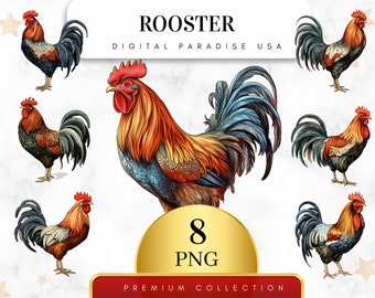 Lot de 8, clipart coq, coq PNG, clipart Western, animaux de la ferme PNG, téléchargement numérique, coq aquarelle, sublimation, clipart chambre d'enfant