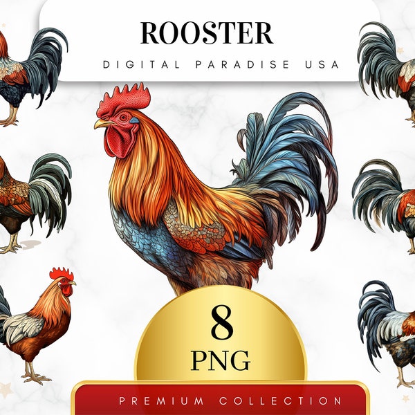 Set of 8, Rooster Clipart, Rooster PNG, Western Clipart, Farm Animal PNG, Digital Download, Watercolor Rooster, Sublimation, Nursery Clipart