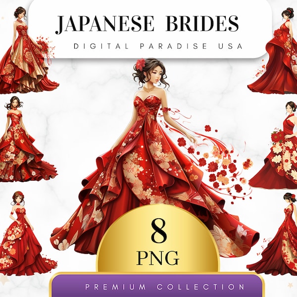 Set of 8, Japanese Brides Clipart, Bridal Clipart, Traditional Wedding Clipart, Japanese Wedding Decor, Asian Bride PNG, Digital Download