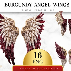 Set of 16, Burgundy Angel Wings Clipart, Angel Wing PNG, Junk Journal, Angel Wings Art, Watercolor Wings, Digital Download, Sublimation PNG