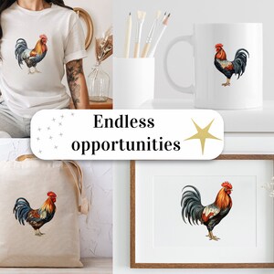 May include: A set of products featuring a colorful rooster illustration. The set includes a white t-shirt, a white mug, a canvas tote bag, and a framed print. The rooster is depicted in a realistic style with a red comb, yellow beak, and blue and brown feathers.