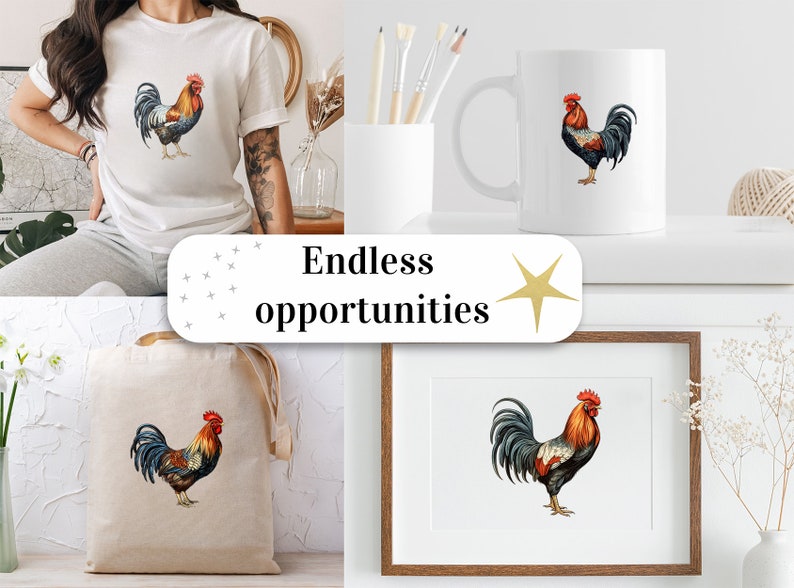 May include: A set of products featuring a colorful rooster illustration. The set includes a white t-shirt, a white mug, a canvas tote bag, and a framed print. The rooster is depicted in a realistic style with a red comb, yellow beak, and blue and brown feathers.