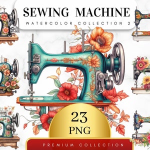 May include: A collection of 23 watercolor illustrations of vintage sewing machines decorated with floral designs. The sewing machines are teal blue, black, and white with gold accents. The flowers are red, orange, yellow, and pink.