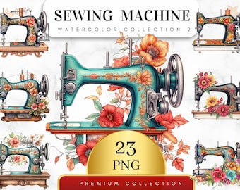 Set of 23, Watercolor Floral Sewing Machine PNG, Floral Sewing Machine Clipart, Quilting Clipart, Sewing Clipart, Vintage Png, Digital Png