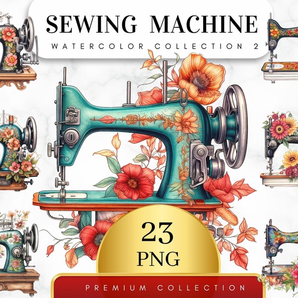 Set of 23, Watercolor Floral Sewing Machine PNG, Floral Sewing Machine Clipart, Quilting Clipart, Sewing Clipart, Vintage Png, Digital Png