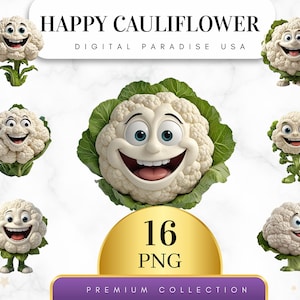 Set von 16, glückliche Blumenkohl Clipart, süße Veggie Bundle, Blumenkohl PNG, Blumenkohl Kunst, Scrapbooking, Sublimation PNG, digitaler Download