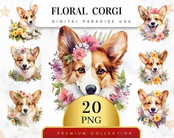 Set of 20, Floral Corgi Clipart, Corgi PNG, Dog Clipart, Cute Corgi, Floral Animal, Animal Clipart, Dog Art, Sublimation PNG, Digital PNG