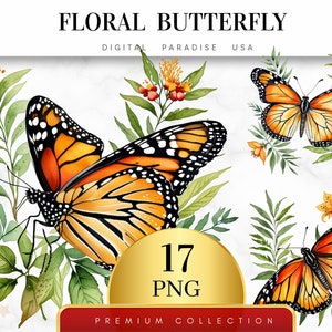 Set von 17, Blumen Schmetterling Clipart, Schmetterling PNG, Frühling Clipart, Blumen Clipart, Aquarell Schmetterling, Sublimation PNG, digitaler Download