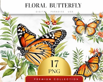 May include: A digital download of 17 watercolor illustrations of monarch butterflies and floral elements. The butterflies are orange, black, and white with intricate wing patterns. The flowers are red, orange, and yellow. The text "FLORAL BUTTERFLY" is at the top of the image. The text "17 PNG" is in a gold circle. The text "PREMIUM COLLECTION" is in a red rectangle.