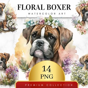 Set of 14, Watercolor Boxer Dog Clipart, Spring Boxer Dog With Flowers, Cute Dog PNG, Dog Portrait, Dog Digital Illustration, Digital PNG