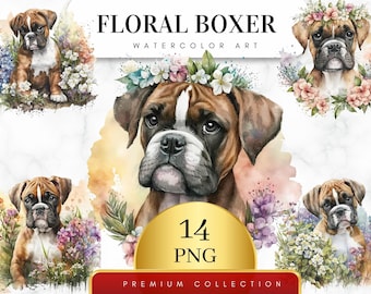 Set of 14, Watercolor Boxer Dog Clipart, Spring Boxer Dog With Flowers, Cute Dog PNG, Dog Portrait, Dog Digital Illustration, Digital PNG