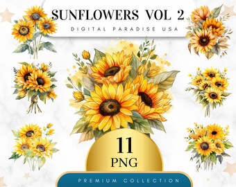 Set von 11, Aquarell Sonnenblume Clipart 2, Blumen Clipart, Tumbler Sublimation, Schmetterling Clipart, Blumenstrauß, Wandkunst, Digital PNG